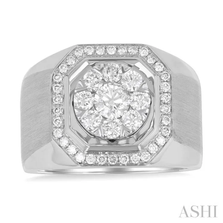 1 3/8 ctw Octagonal Shape Lovebright Round Cut Diamond Men's Ring in 14K White Gold