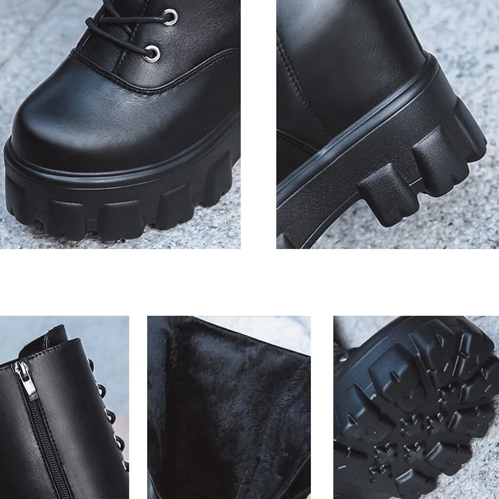 2019 New Combat Boots ladies Lace Up Gothic Black Sock Platform Boots Leather Martin Knees High Boots Women Shoes Botas Mujer