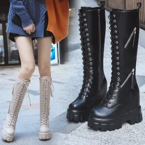 2019 New Combat Boots ladies Lace Up Gothic Black Sock Platform Boots Leather Martin Knees High Boots Women Shoes Botas Mujer