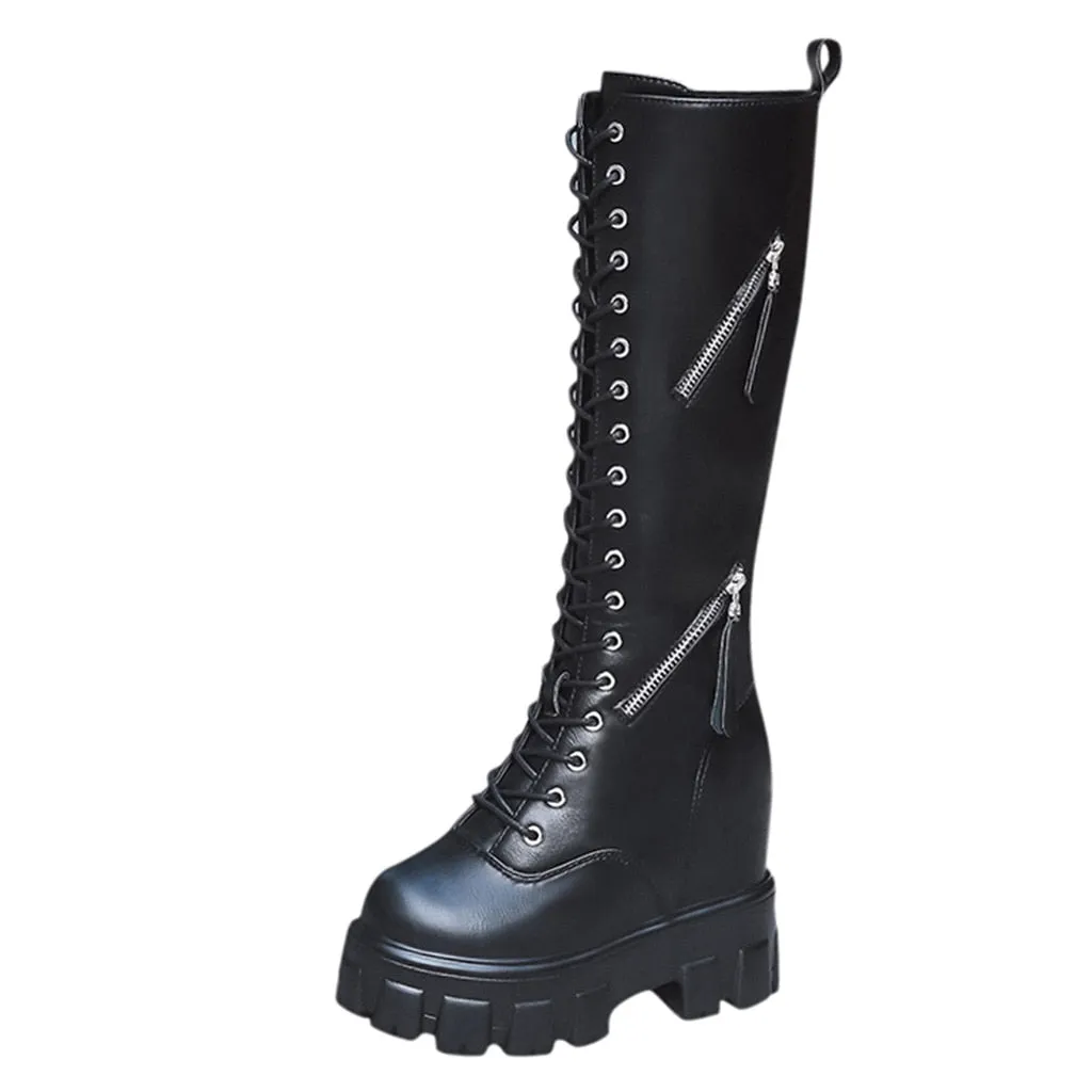 2019 New Combat Boots ladies Lace Up Gothic Black Sock Platform Boots Leather Martin Knees High Boots Women Shoes Botas Mujer