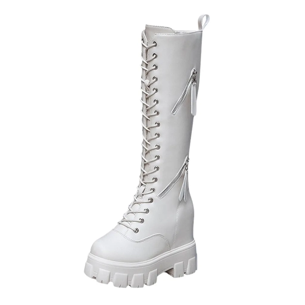 2019 New Combat Boots ladies Lace Up Gothic Black Sock Platform Boots Leather Martin Knees High Boots Women Shoes Botas Mujer