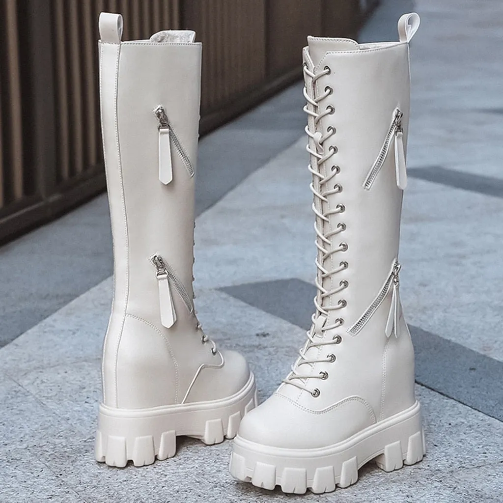 2019 New Combat Boots ladies Lace Up Gothic Black Sock Platform Boots Leather Martin Knees High Boots Women Shoes Botas Mujer