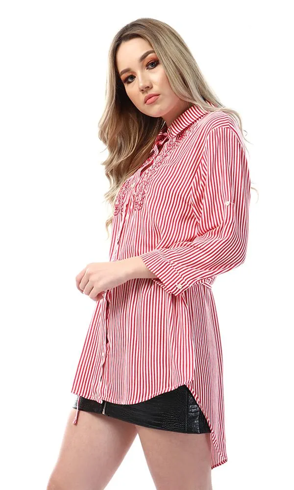 53589 High Low Striped And Floral Embroidered Red Shirt