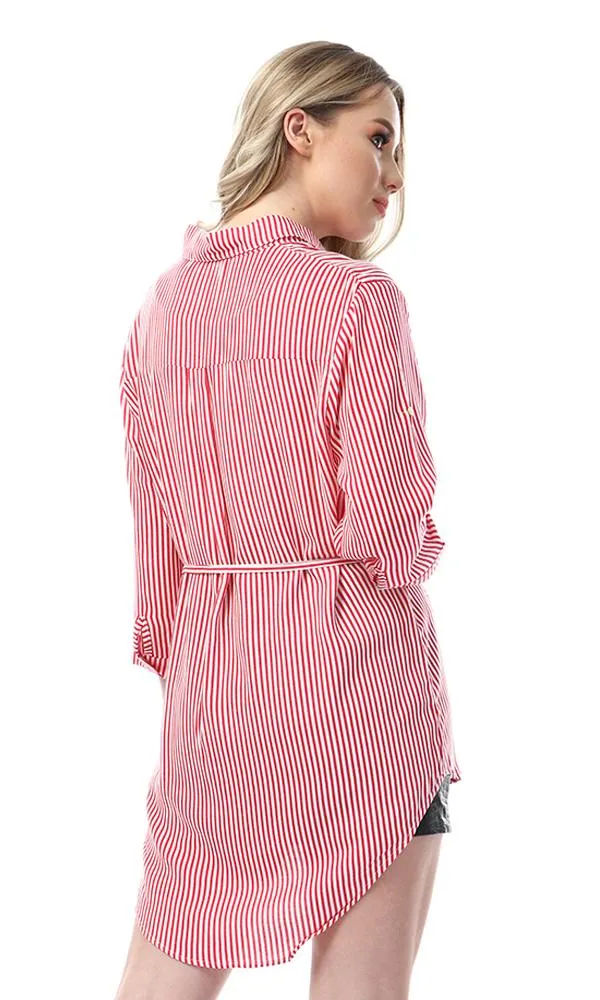 53589 High Low Striped And Floral Embroidered Red Shirt