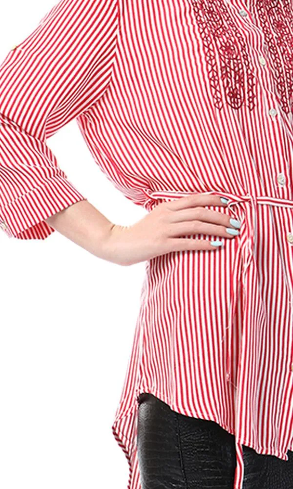 53589 High Low Striped And Floral Embroidered Red Shirt