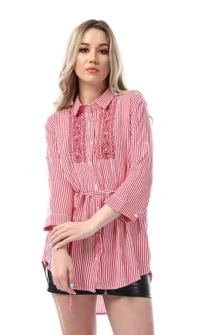 53589 High Low Striped And Floral Embroidered Red Shirt