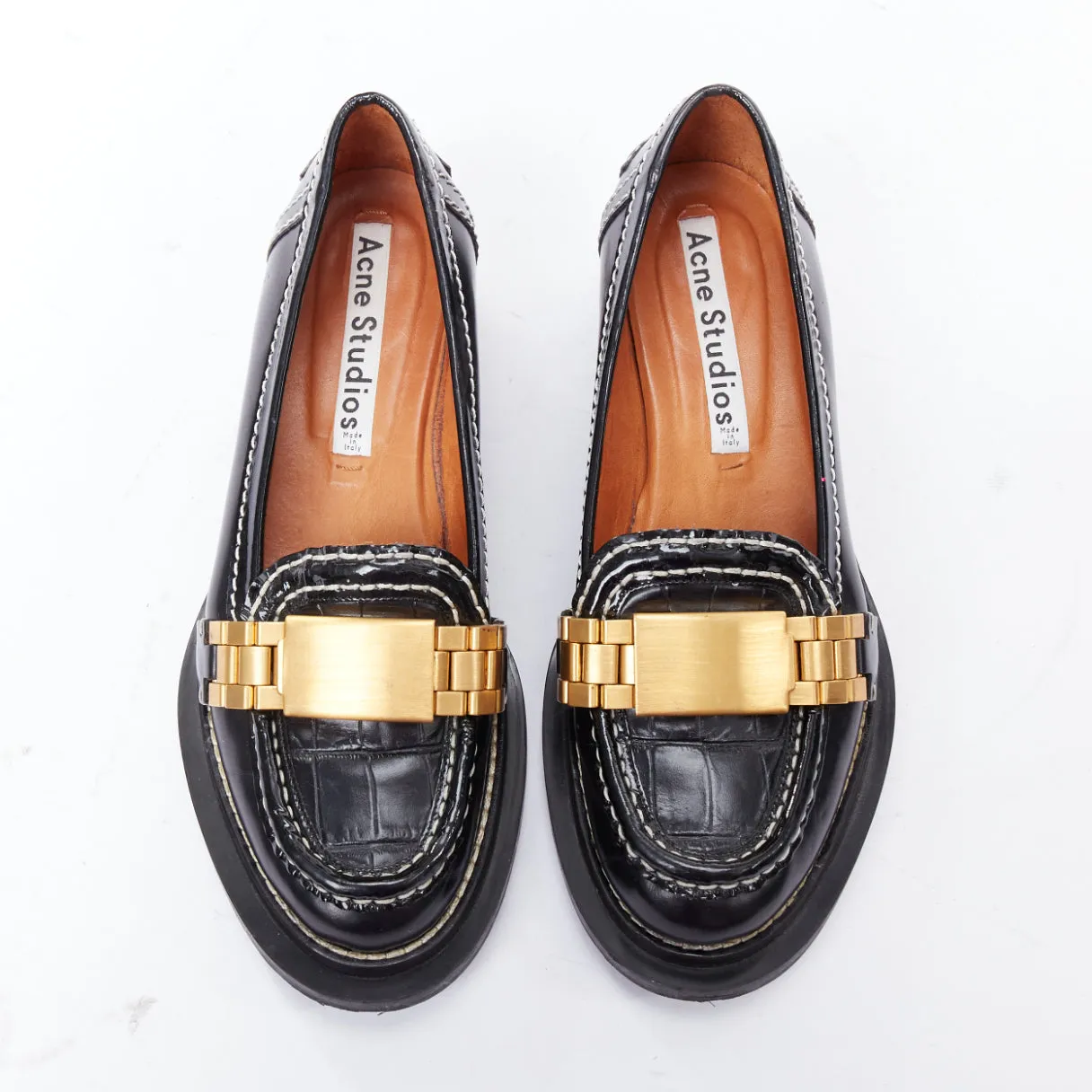 ACNE STUDIOS Penny Watch gold buckle black topstitch loafers EU38