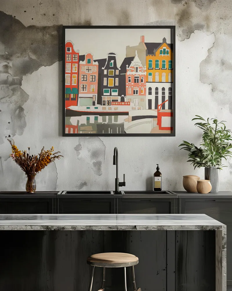 Amsterdam, Netherlands Houses 3 - Square Stretched Canvas, Poster or Fine Art Print