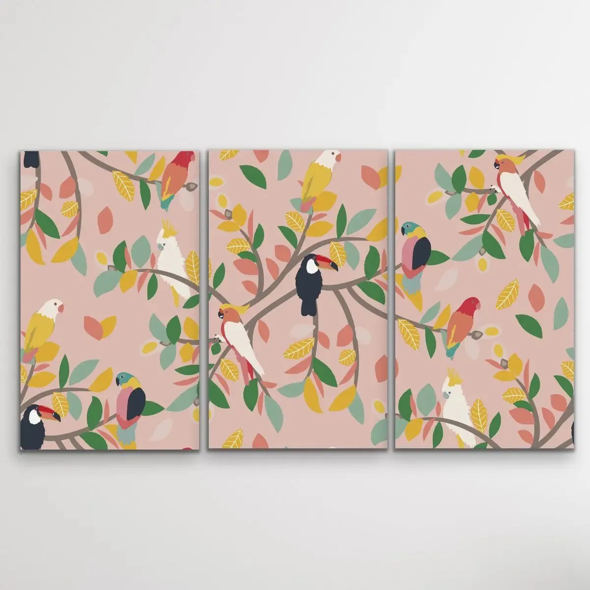 Aviary Pink Three Piece Bird Nature Floral Canvas Wall Art