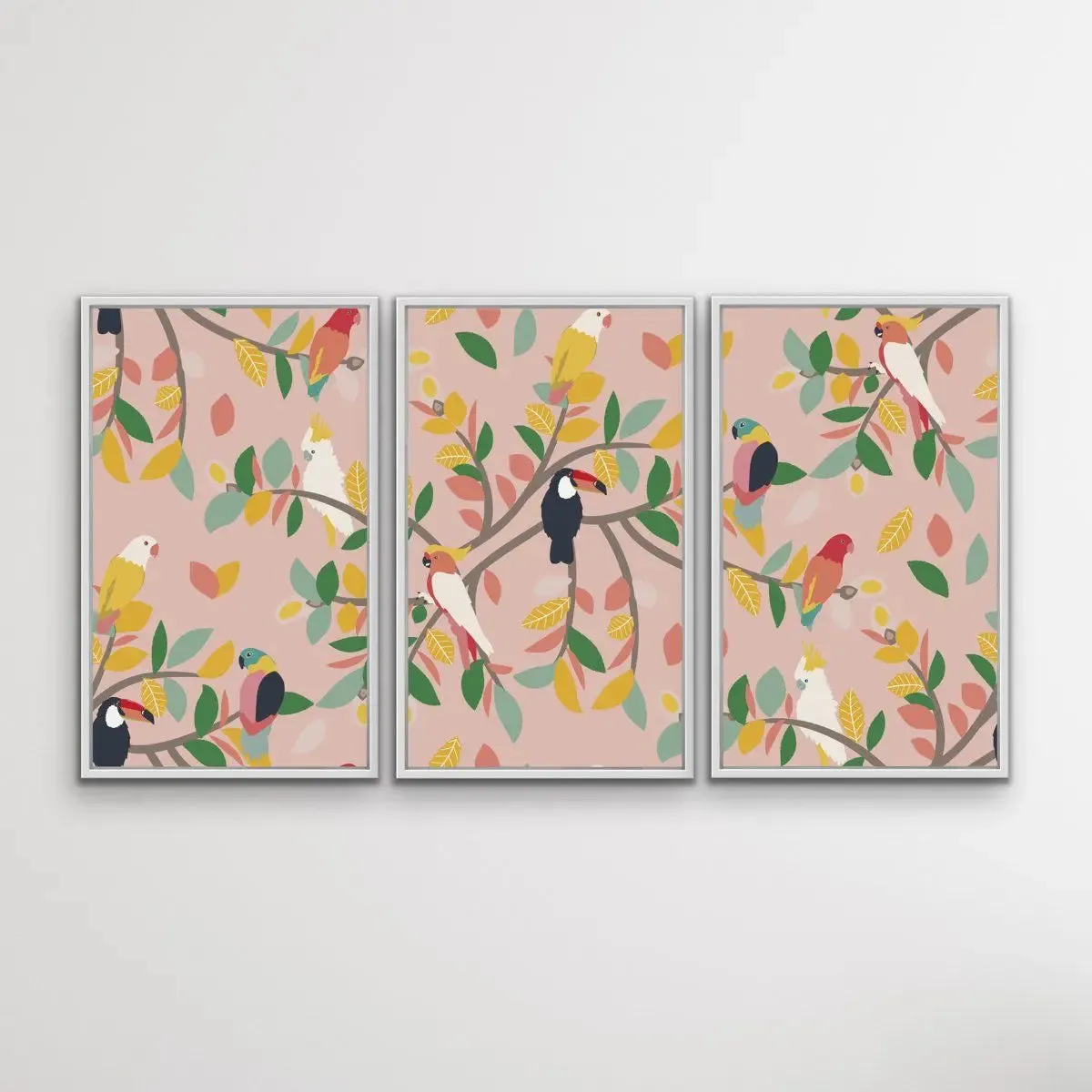 Aviary Pink Three Piece Bird Nature Floral Canvas Wall Art