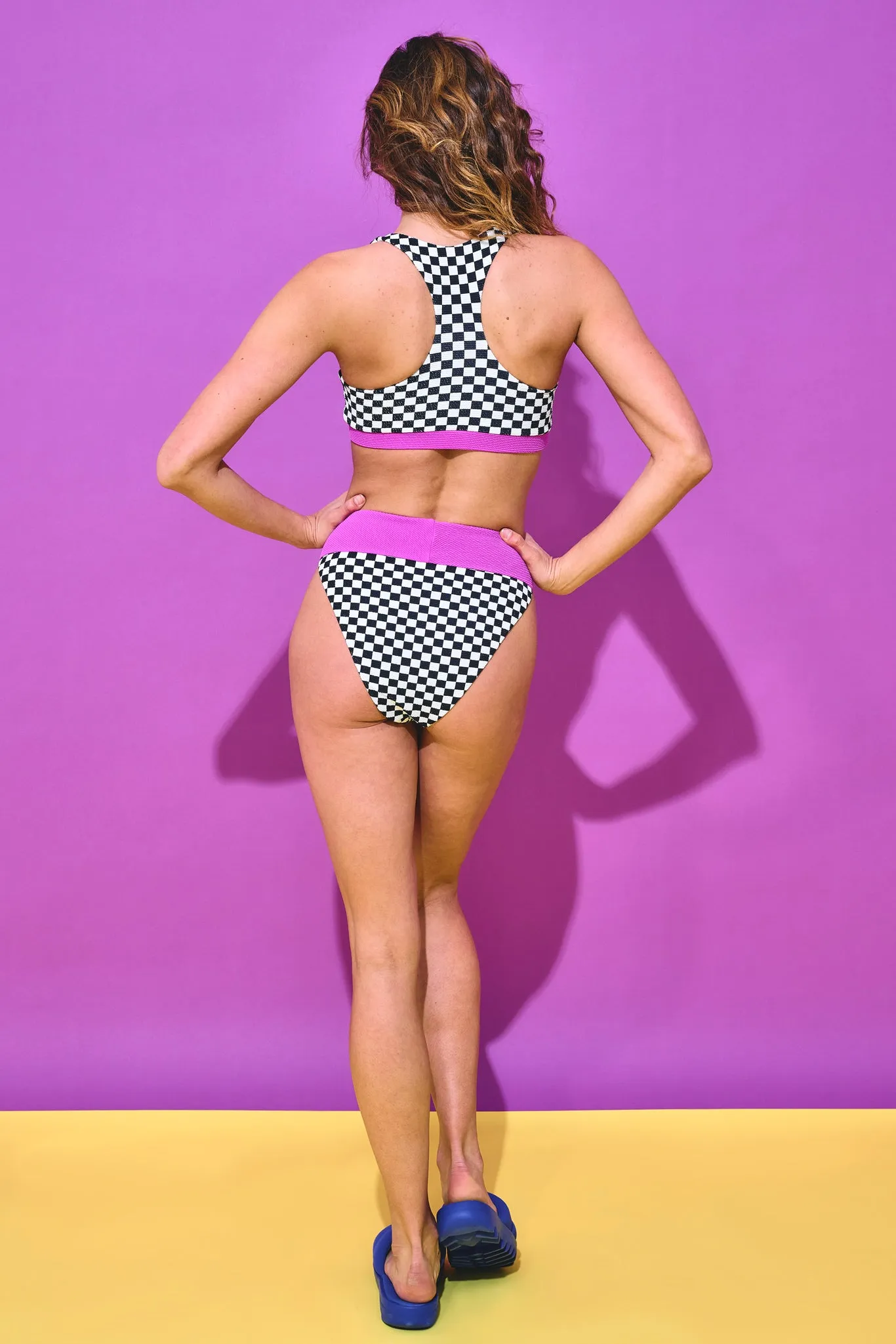 Banded High Waisted Bikini Bottom in Racing Check in Bougainvillea