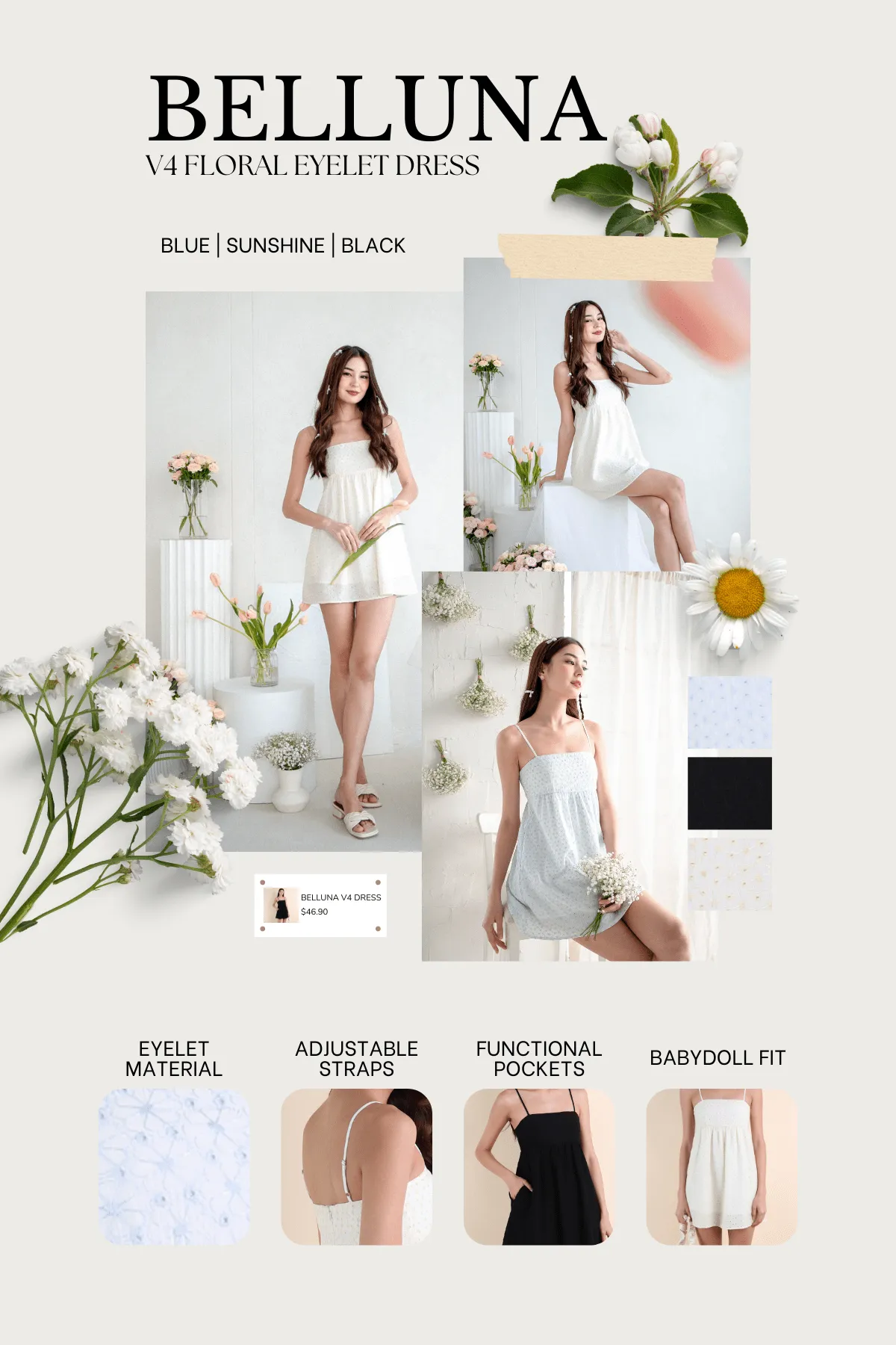 BELLUNA V4 FLORAL EYELET DRESS IN BLACK