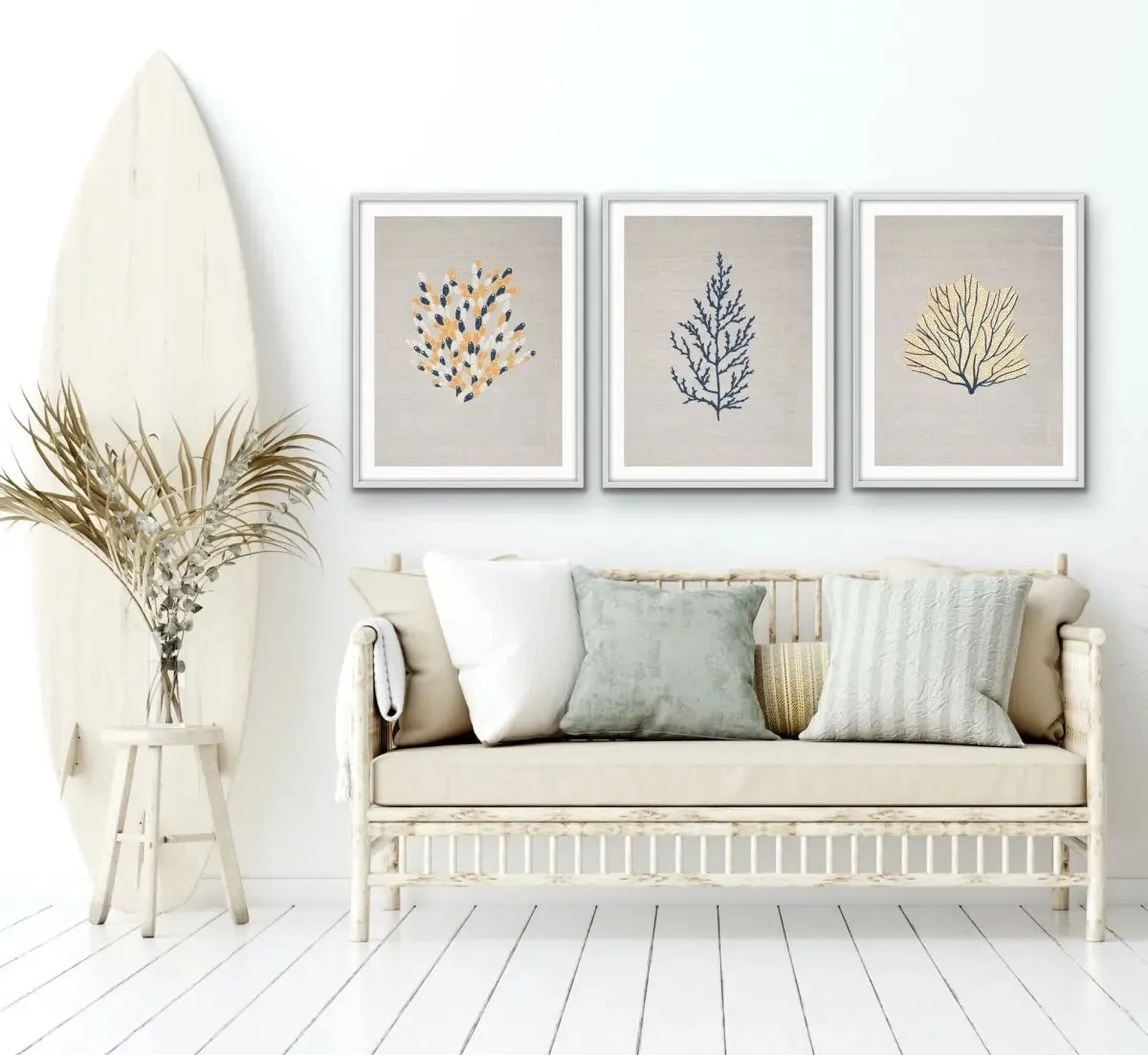 Blue and Yellow Coral On Linen Seaside Wall Art Prints - Three Piece Art Print Set Triptych