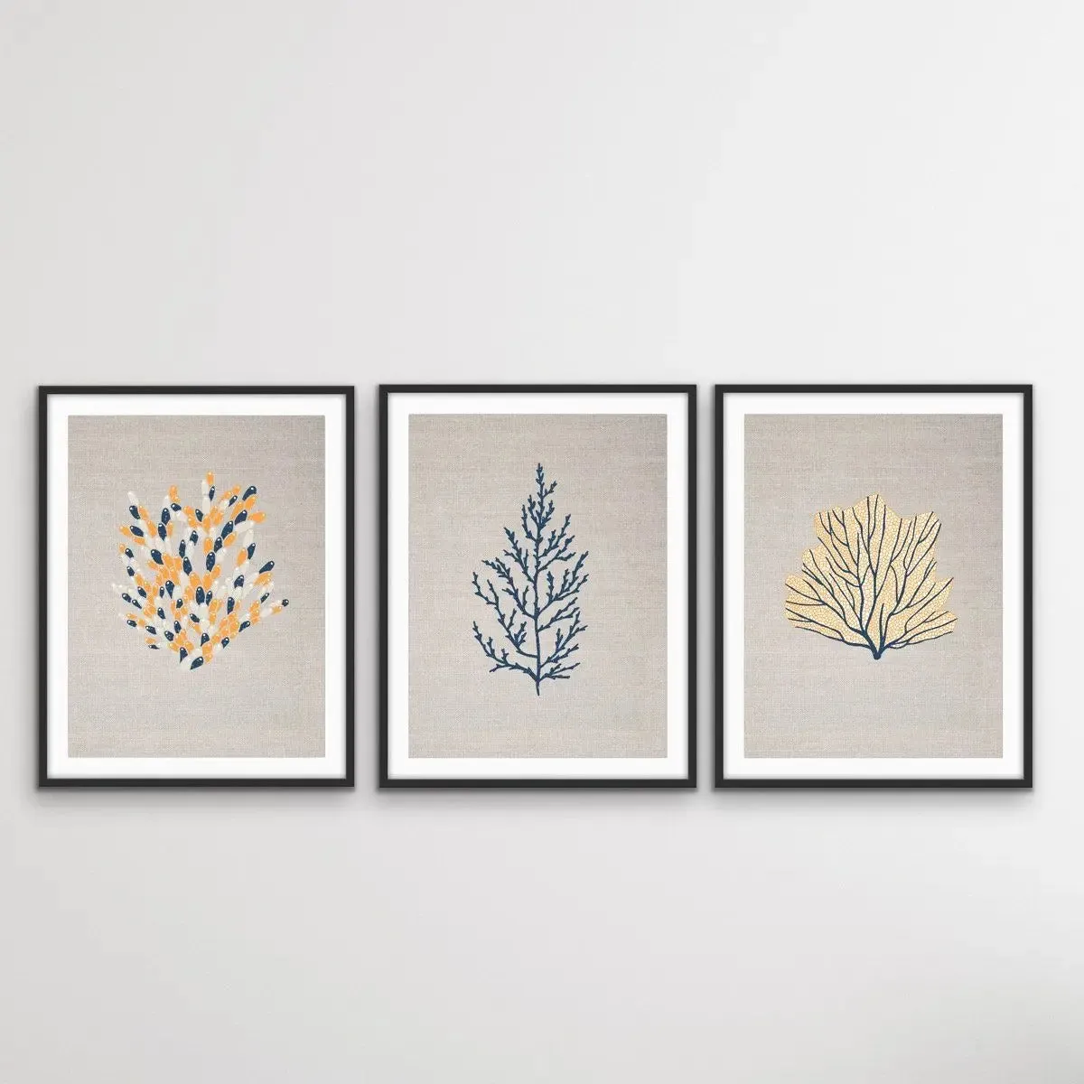 Blue and Yellow Coral On Linen Seaside Wall Art Prints - Three Piece Art Print Set Triptych