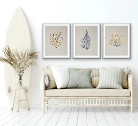 Blue and Yellow Coral On Linen Seaside Wall Art Prints - Three Piece Art Print Set Triptych