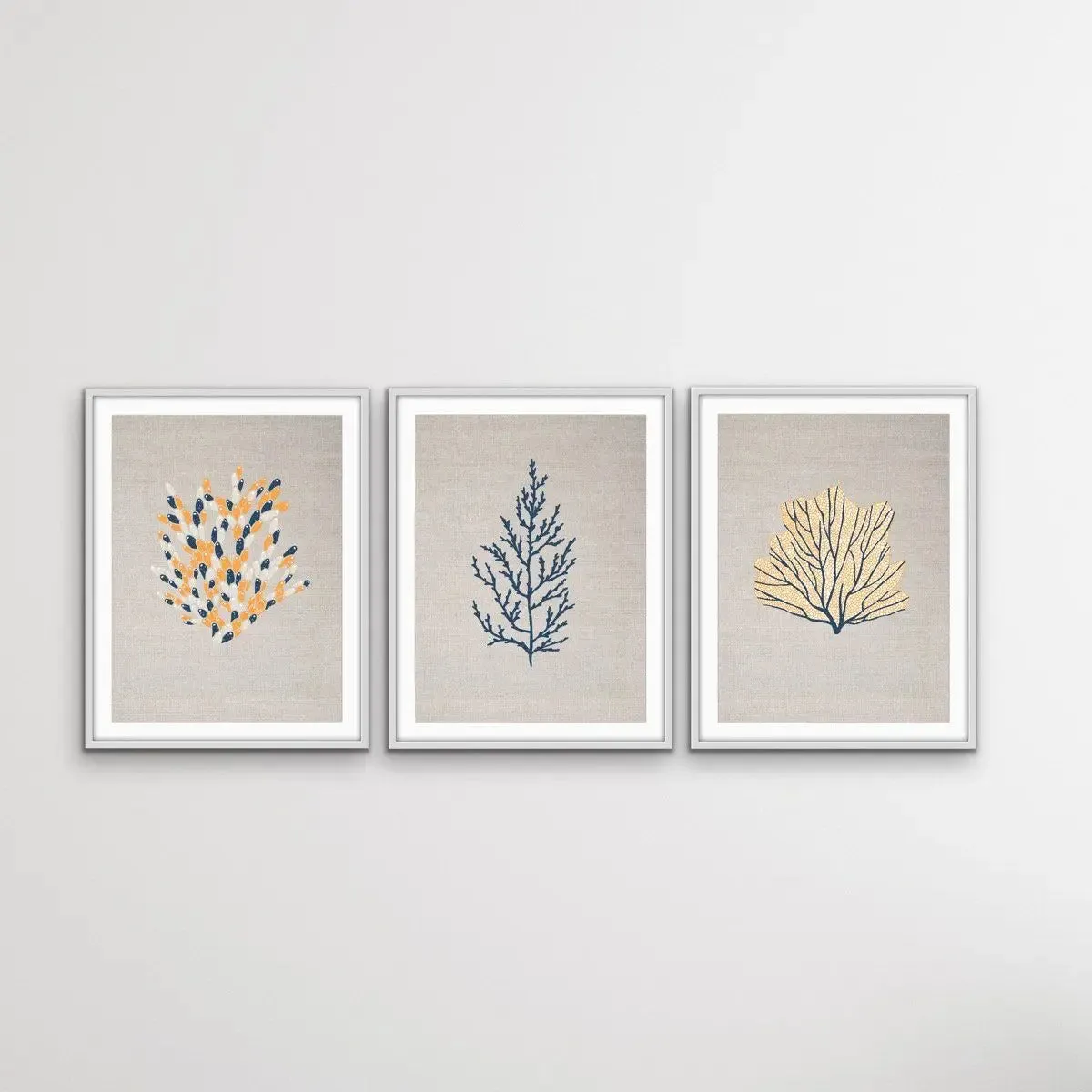 Blue and Yellow Coral On Linen Seaside Wall Art Prints - Three Piece Art Print Set Triptych