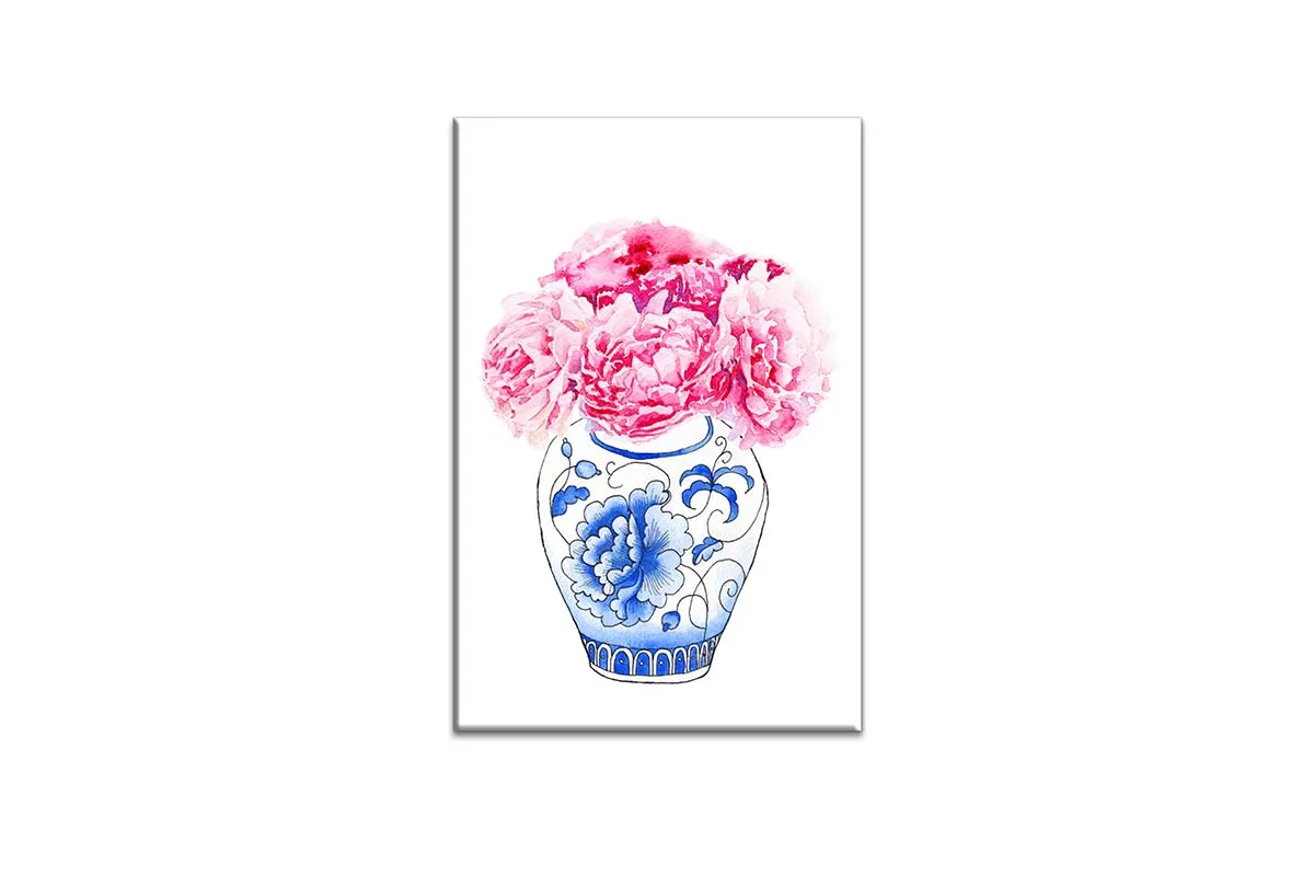 Blue White Vase Pink Flowers | Hamptons Canvas Wall Art Print