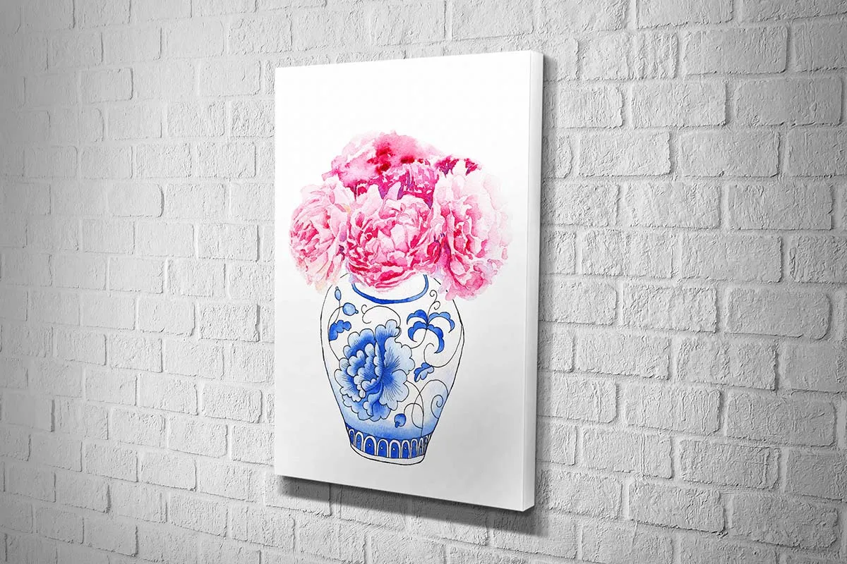 Blue White Vase Pink Flowers | Hamptons Canvas Wall Art Print