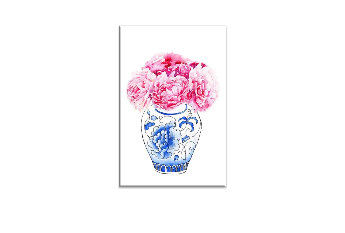 Blue White Vase Pink Flowers | Hamptons Canvas Wall Art Print