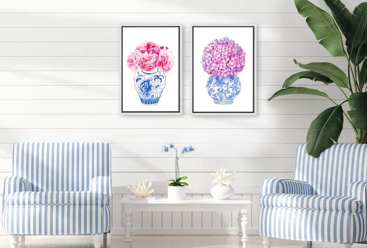 Blue White Vase Pink Flowers | Hamptons Canvas Wall Art Print