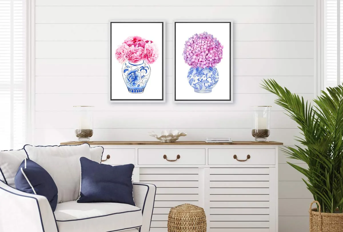 Blue White Vase Pink Flowers | Hamptons Canvas Wall Art Print