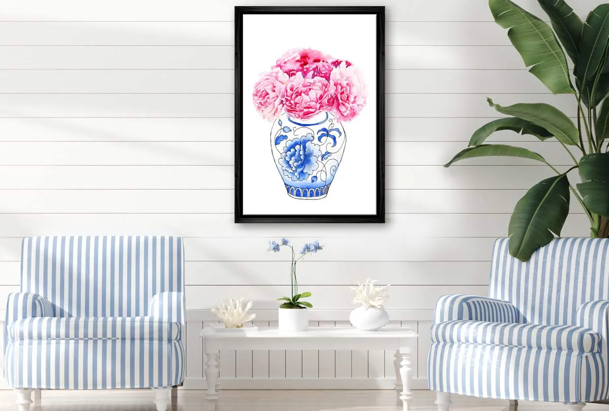 Blue White Vase Pink Flowers | Hamptons Canvas Wall Art Print