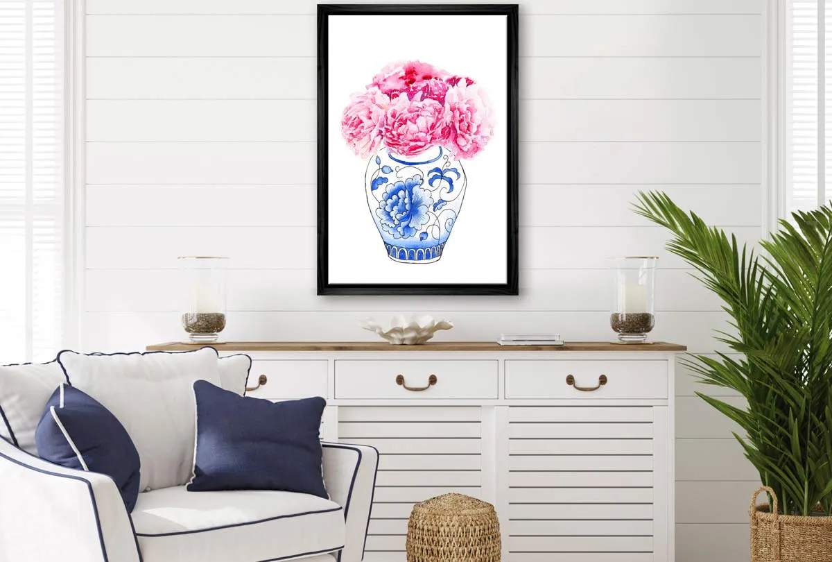 Blue White Vase Pink Flowers | Hamptons Canvas Wall Art Print