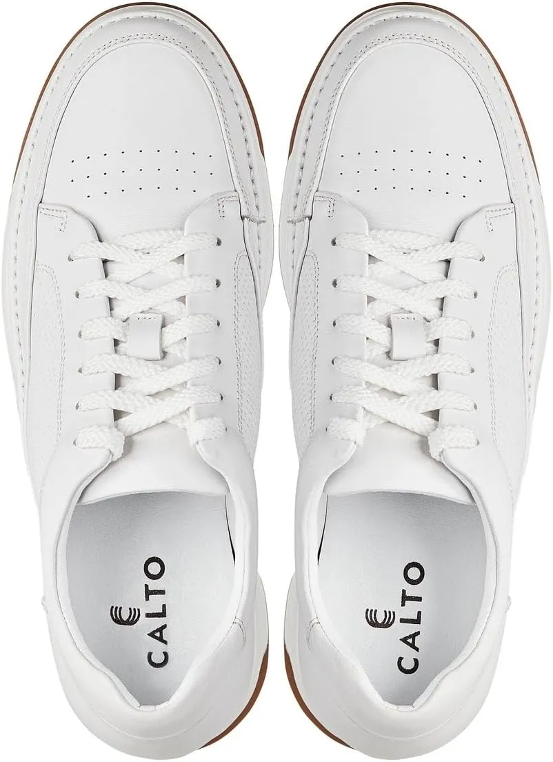 CALTO Men's Invisible Height Increasing Elevator Shoes - White/Off-White & Gum Sole Premium Leather Leather Lace-up Fashion Sneakers - 2.6 Inches Taller - Y7932 - Size 9 D(M) US