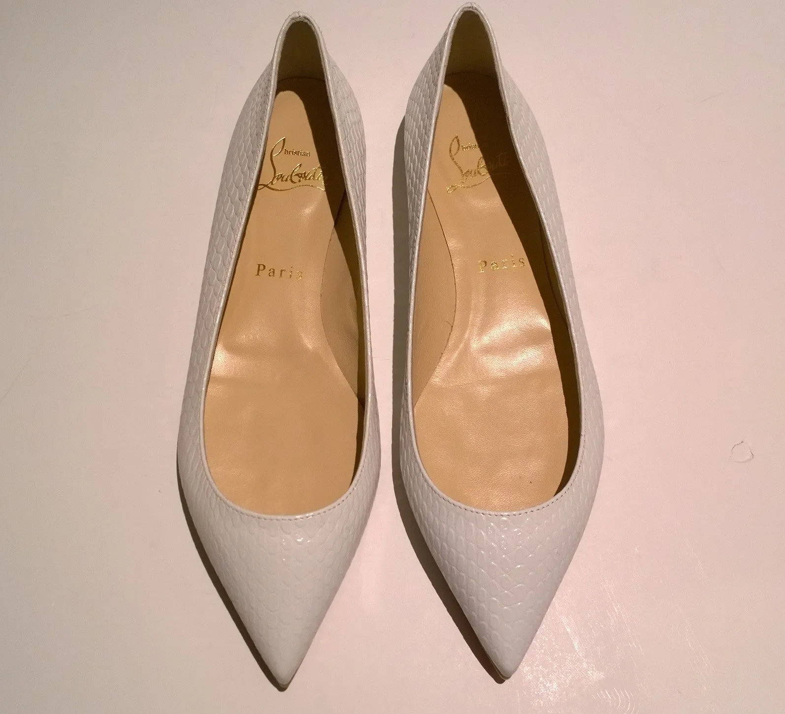 Christian Louboutin Ballalla Flats in Bianco White Mock Reptile Embossed Leather