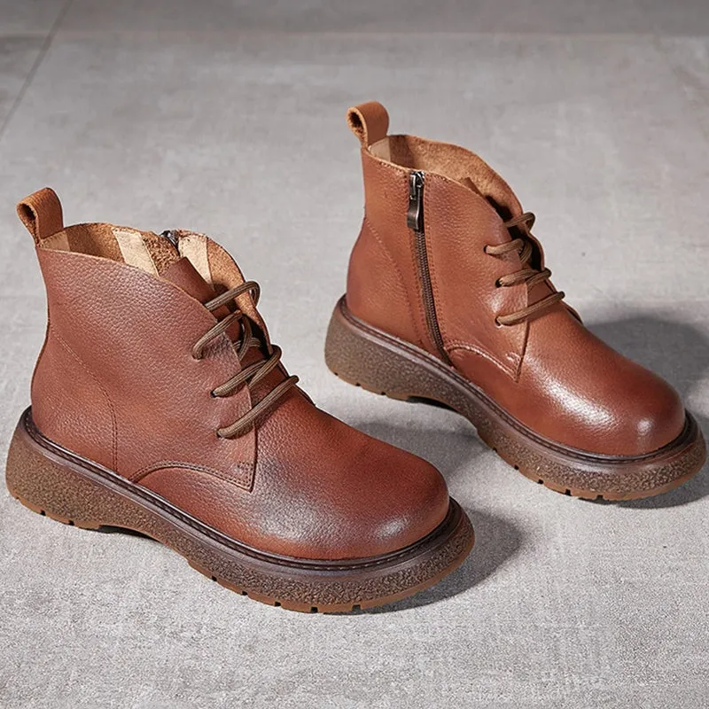 Classic Cowhide Leather Combat Boots Lace Up Boots Martin Boots for Women in Black/Brown