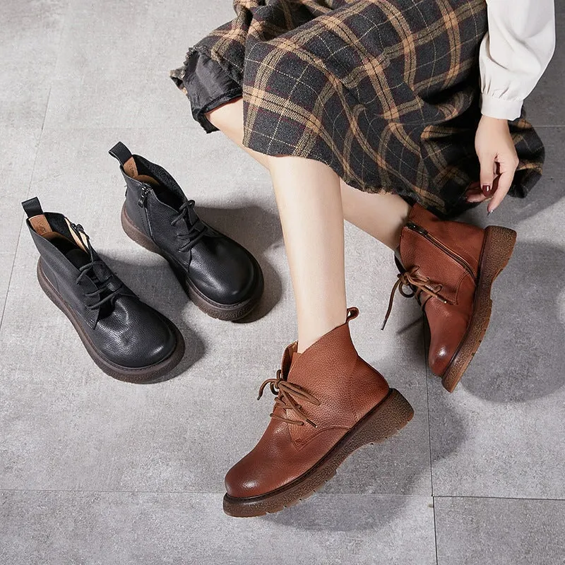 Classic Cowhide Leather Combat Boots Lace Up Boots Martin Boots for Women in Black/Brown