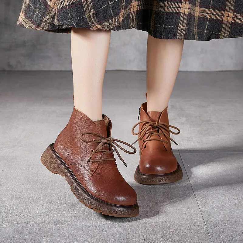 Classic Cowhide Leather Combat Boots Lace Up Boots Martin Boots for Women in Black/Brown
