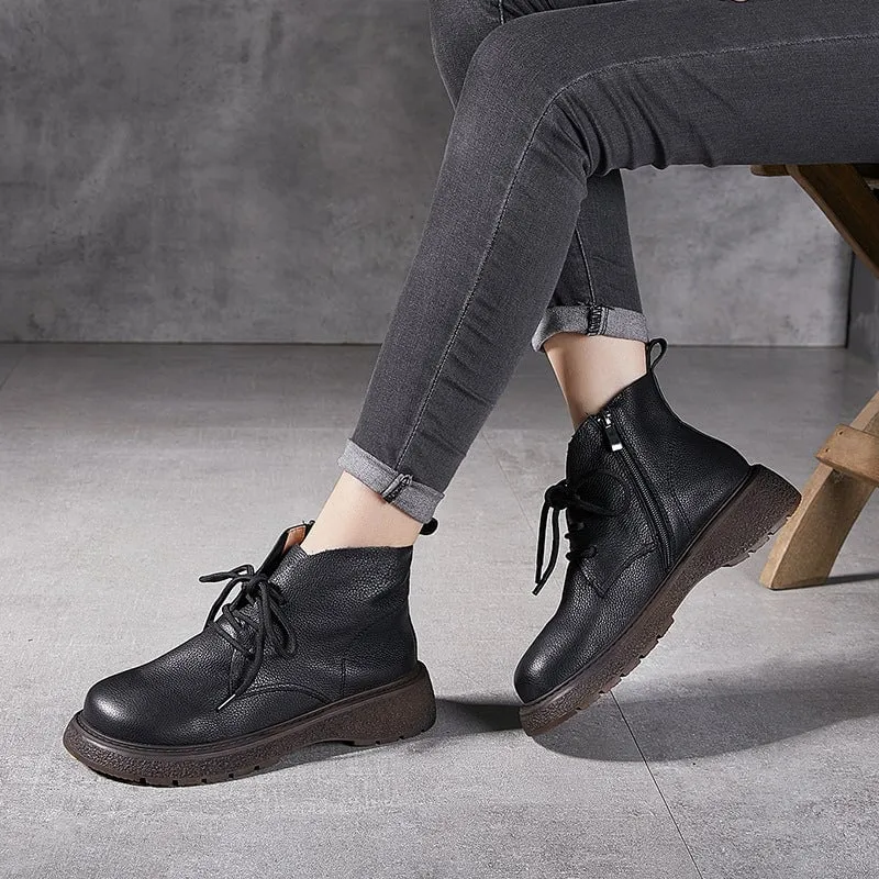 Classic Cowhide Leather Combat Boots Lace Up Boots Martin Boots for Women in Black/Brown