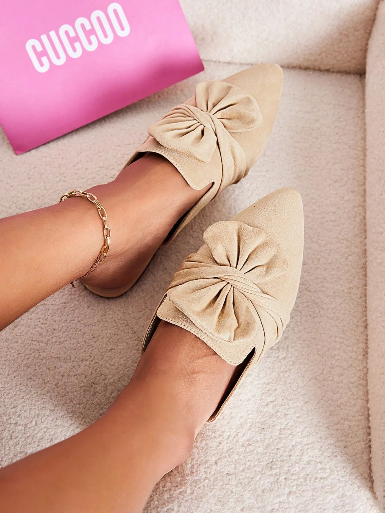 CUCCOO CHICEST Woman Shoes Fashionable Apricot Color Flat Half Slippers With Big Bowknot Decoration For Spring And Summer Vacation Shoes Summer Sale Elegant Flats