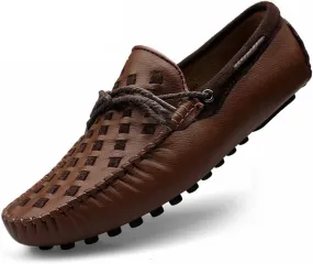 Driving Moccasins Loafer Shoes for Men Woven Genuine Leather Deck Shoes Stitching Details Rubber Sole Flat Heel Anti-Slip Flexible Casual Slip on for Any Attire