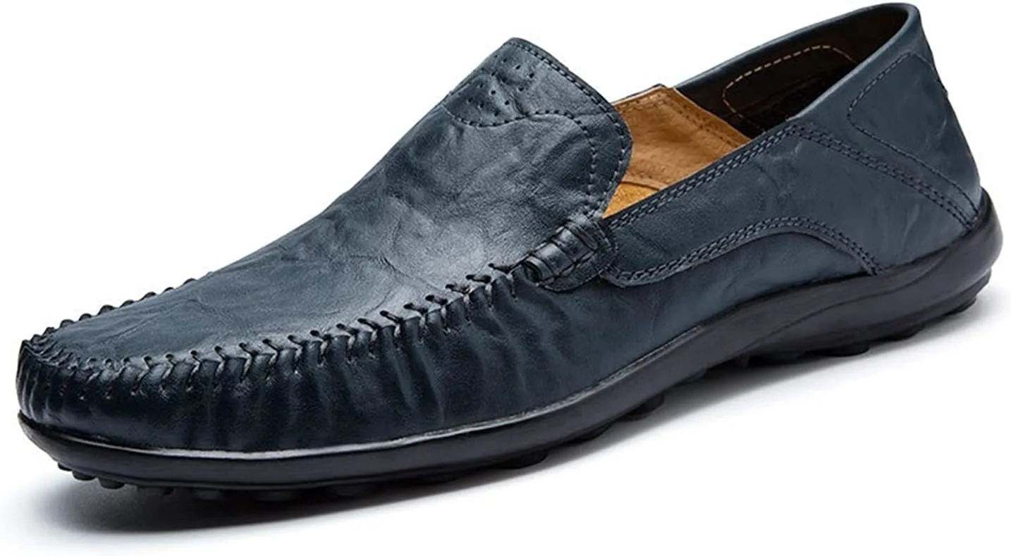 Driving Moccasins Smoking Loafer for Men Genuine Leather Round Toe Stitching Details Breathable Lightweight Flexible Flat Heel Resistant Outdoor for Any Attire
