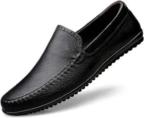 Driving Moccasins Smoking Loafer for Men Genuine Leather Stitching Details Round Toe Rubber Sole Flat Heel Anti-Slip Resistant Outdoor Slip on for Any Attire
