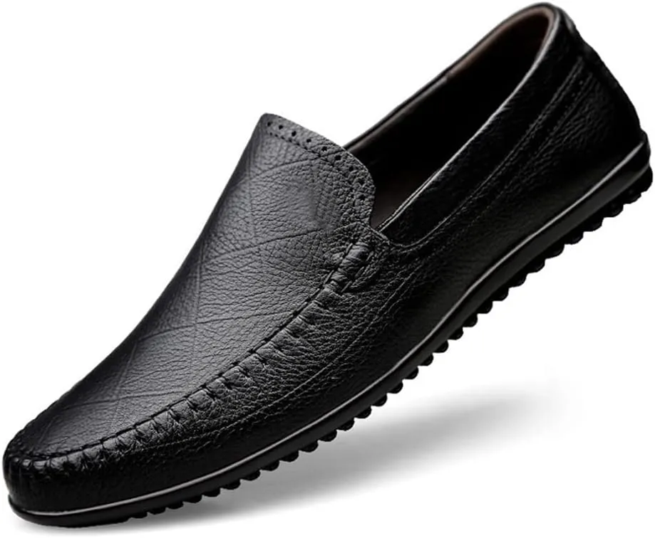 Driving Moccasins Smoking Loafer for Men Genuine Leather Stitching Details Round Toe Rubber Sole Flat Heel Anti-Slip Resistant Outdoor Slip on for Any Attire