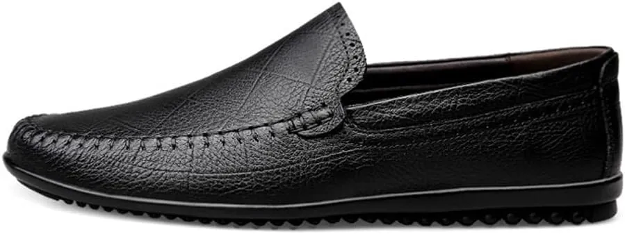 Driving Moccasins Smoking Loafer for Men Genuine Leather Stitching Details Round Toe Rubber Sole Flat Heel Anti-Slip Resistant Outdoor Slip on for Any Attire