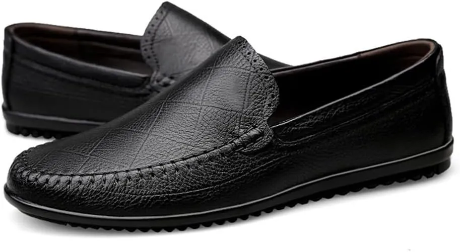 Driving Moccasins Smoking Loafer for Men Genuine Leather Stitching Details Round Toe Rubber Sole Flat Heel Anti-Slip Resistant Outdoor Slip on for Any Attire