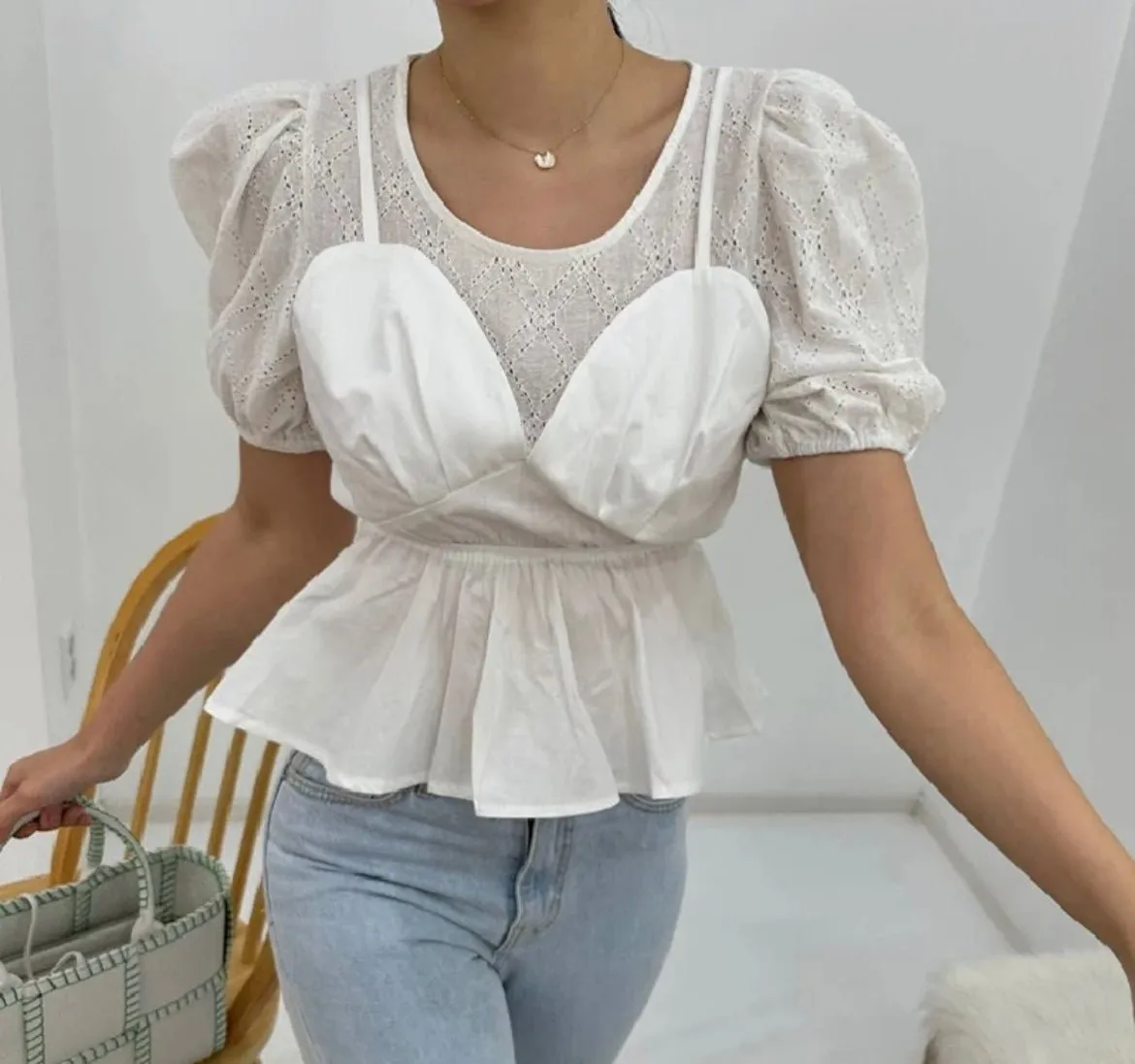 Eyelet lace blouse with tank overlay