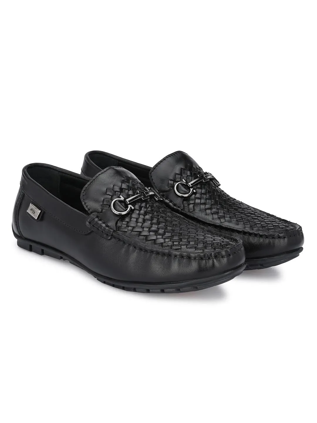 Hitz Men's Black Leather Slip-On Casual Loafer Shoes