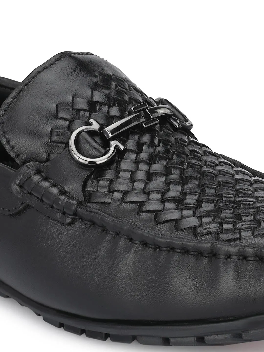 Hitz Men's Black Leather Slip-On Casual Loafer Shoes