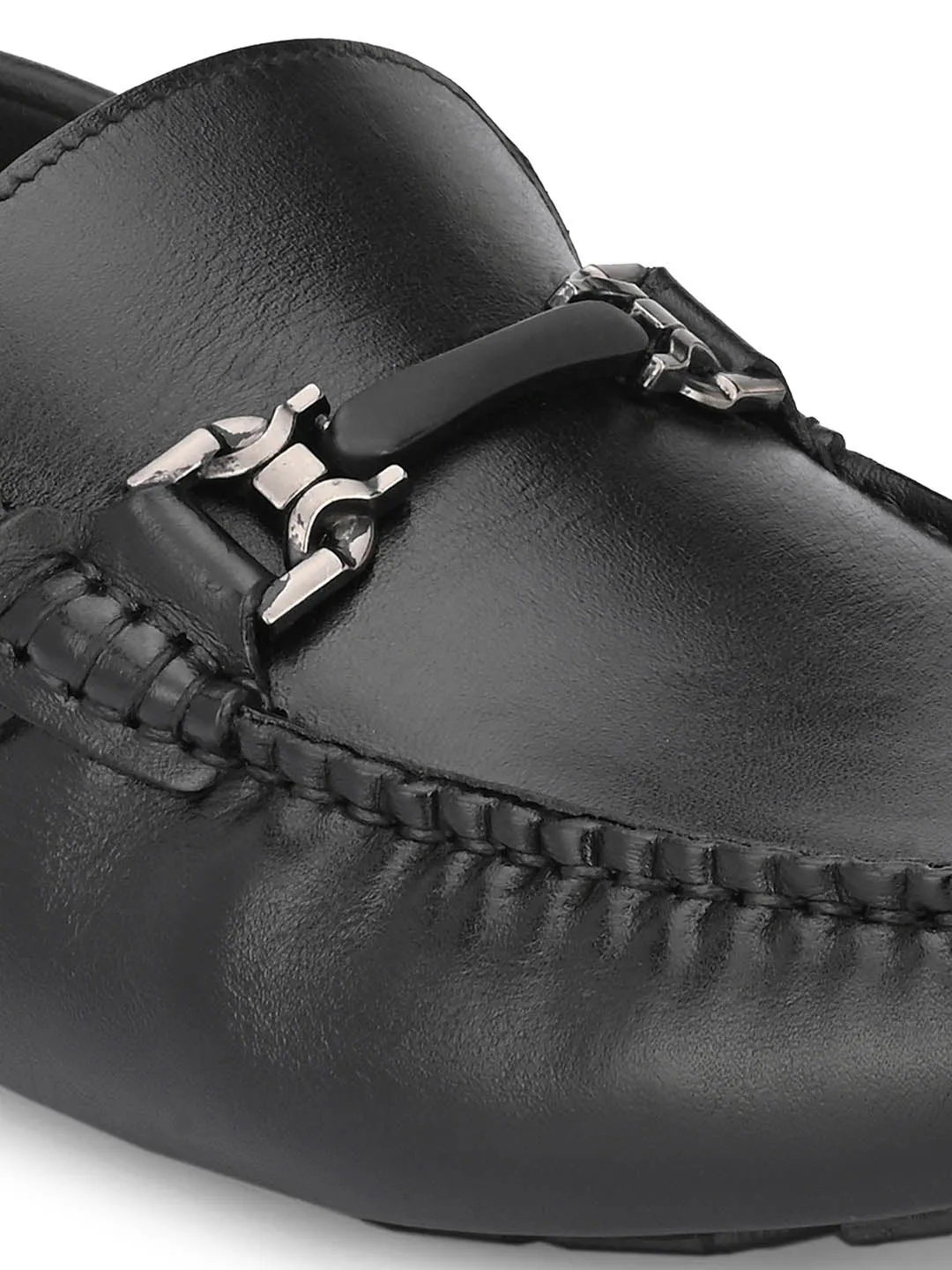 Hitz Men's Black Leather Slip On Loafer Shoes