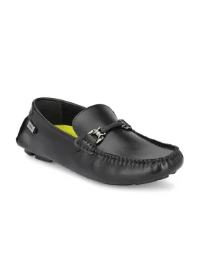 Hitz Men's Black Leather Slip On Loafer Shoes