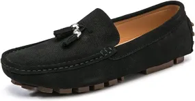 HOOENG Driving Moccasins for Men Genuine Leather Stitching Details Round Toe Tassel Suede Vamp Perforated Flexible Lightweight Flat Heel Driving Slip On (Color : Black, Size : 10)