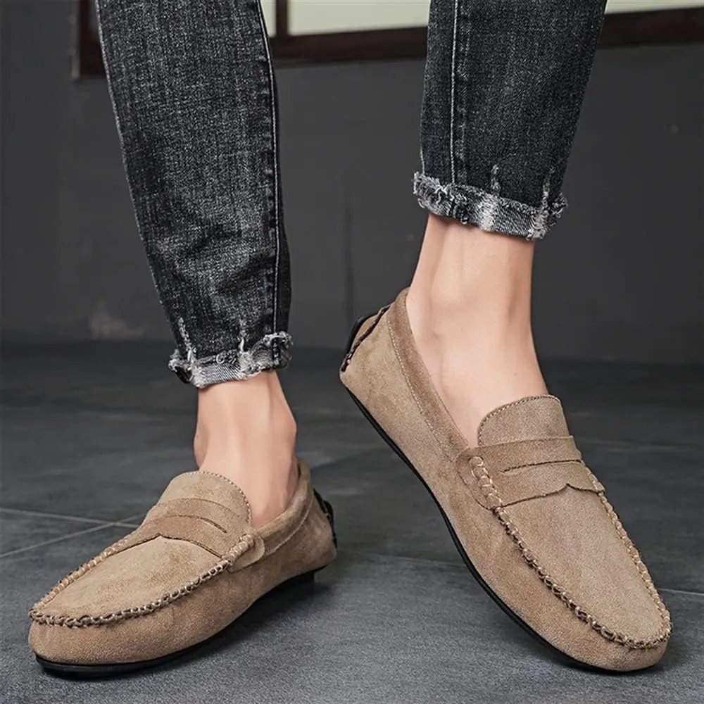 HOOENG Loafers for Men Genuine Leather Round Toe Suede Vamp Penny Loafer Flat Heel Comfortable Lightweight Walking Party Slip-on