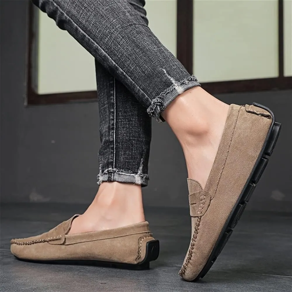 HOOENG Loafers for Men Genuine Leather Round Toe Suede Vamp Penny Loafer Flat Heel Comfortable Lightweight Walking Party Slip-on