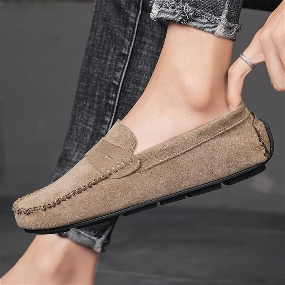 HOOENG Loafers for Men Genuine Leather Round Toe Suede Vamp Penny Loafer Flat Heel Comfortable Lightweight Walking Party Slip-on