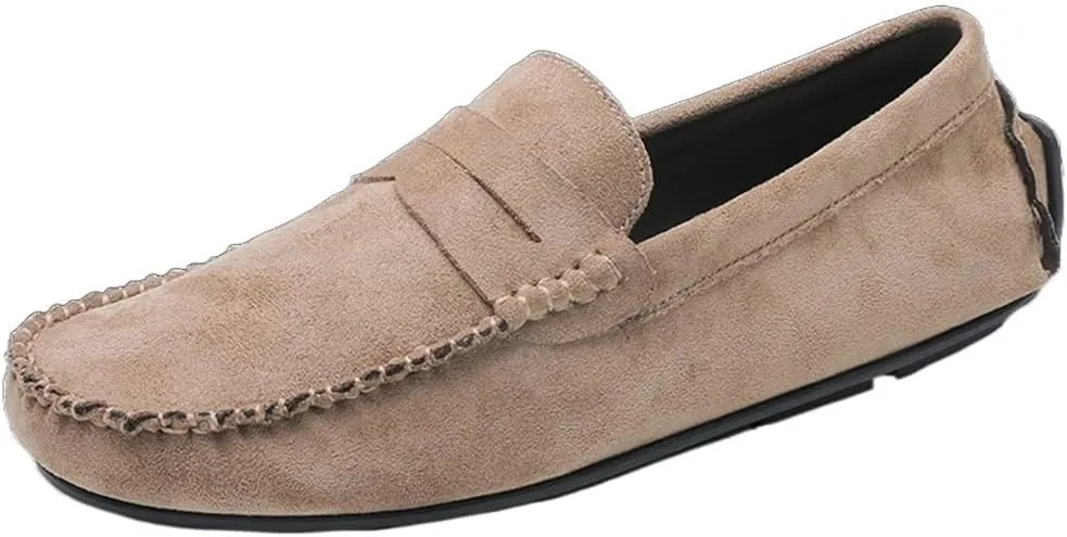 HOOENG Loafers for Men Genuine Leather Round Toe Suede Vamp Penny Loafer Flat Heel Comfortable Lightweight Walking Party Slip-on